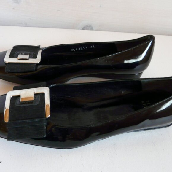 Stuart Weitzman Black Patent Leather Slip On Large Buckle Flats Sz 37 US 6.5 - Picture 8 of 14